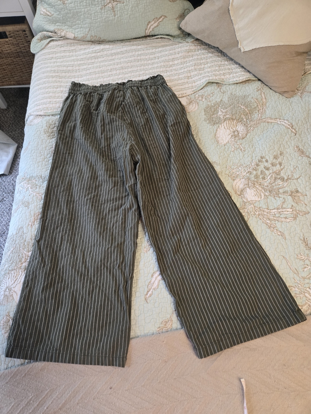 Olive Green Pinstripe Wide-Leg Loung Linen Blend Pants L - Picture 8 of 8